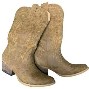 Rollda Womens Size 8 Rugged Brown Embroidered 2" Block Heel Western Cowboy Boots